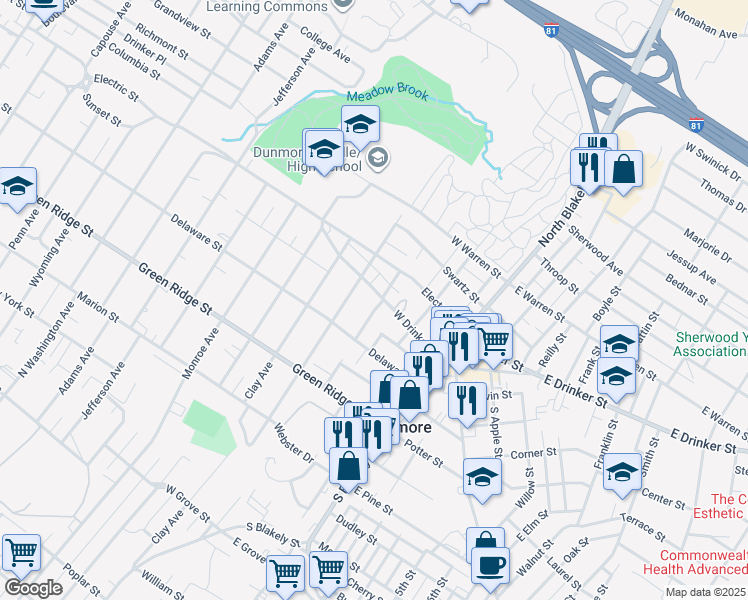 map of restaurants, bars, coffee shops, grocery stores, and more near in Dunmore