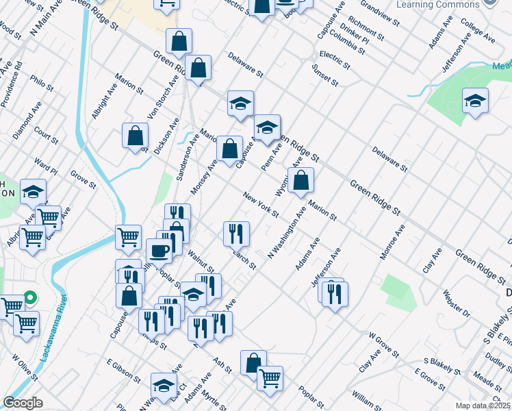map of restaurants, bars, coffee shops, grocery stores, and more near 318 New York Street in Scranton