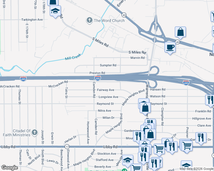 map of restaurants, bars, coffee shops, grocery stores, and more near 19500 McCracken Road in Maple Heights