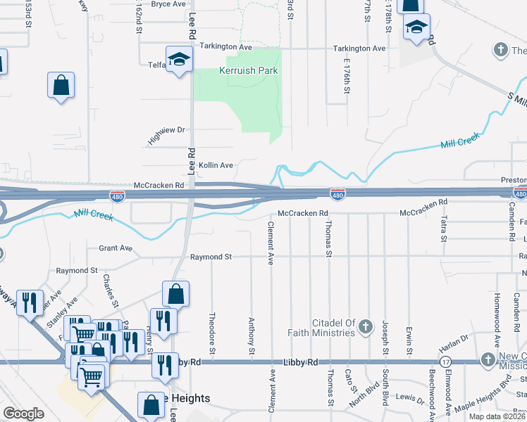 map of restaurants, bars, coffee shops, grocery stores, and more near 17251 McCracken Road in Maple Heights