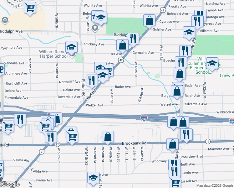 map of restaurants, bars, coffee shops, grocery stores, and more near 4616 Burger Avenue in Cleveland