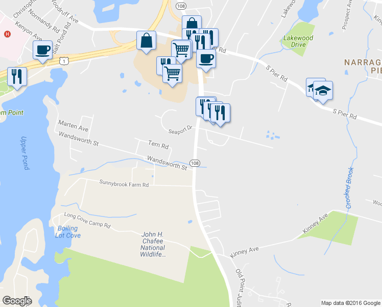map of restaurants, bars, coffee shops, grocery stores, and more near 187 Point Judith Road in Narragansett