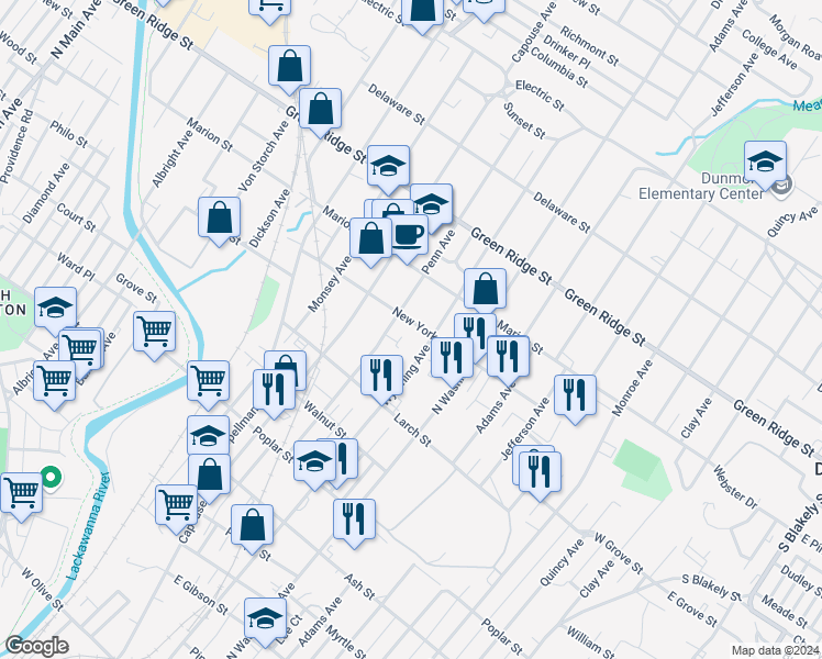 map of restaurants, bars, coffee shops, grocery stores, and more near 318 New York Street in Scranton