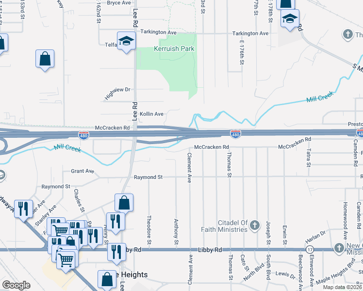 map of restaurants, bars, coffee shops, grocery stores, and more near 17251 McCracken Road in Maple Heights