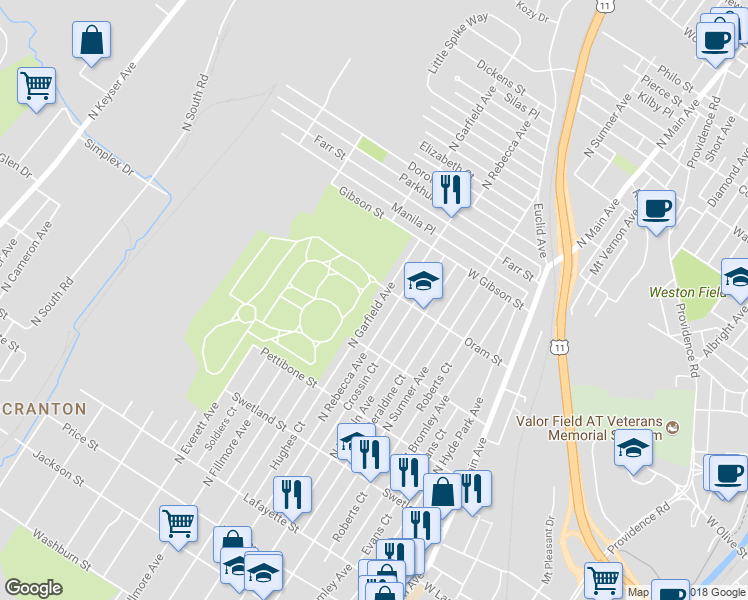 map of restaurants, bars, coffee shops, grocery stores, and more near 741 North Garfield Avenue in Scranton