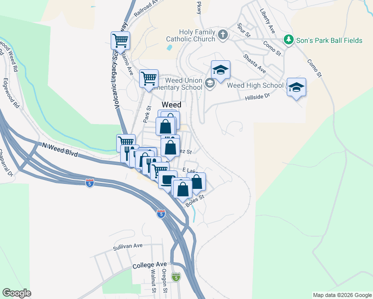 map of restaurants, bars, coffee shops, grocery stores, and more near 200-226 Clay Street in Weed