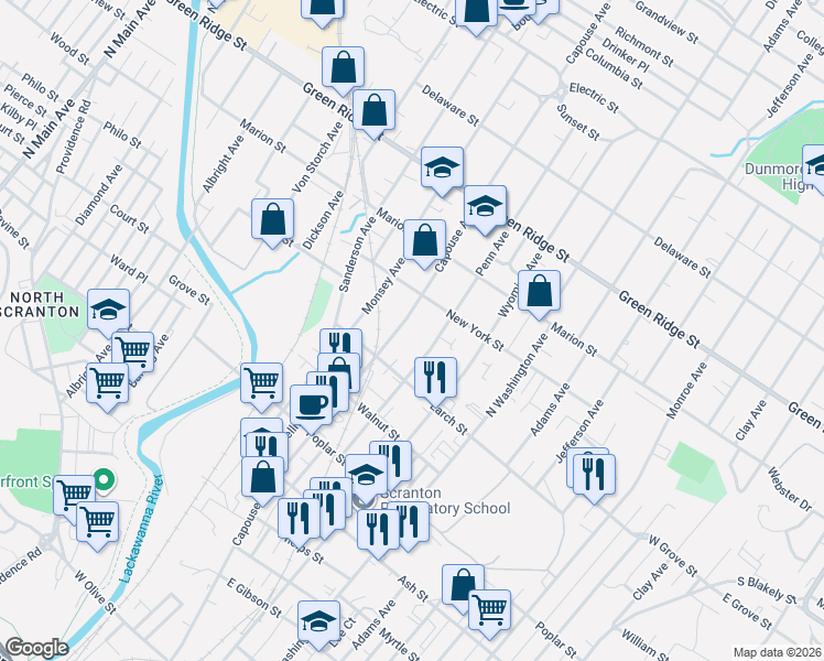 map of restaurants, bars, coffee shops, grocery stores, and more near 1359 Penn Avenue in Scranton
