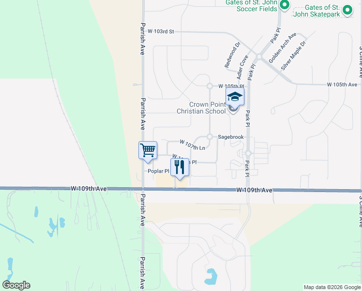 map of restaurants, bars, coffee shops, grocery stores, and more near 9289 West 107th Lane in Saint John