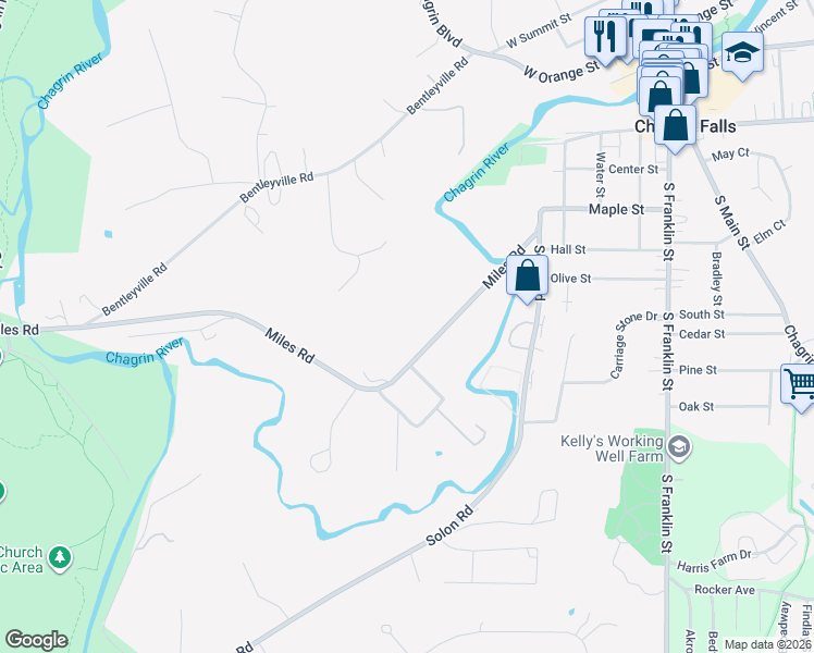 map of restaurants, bars, coffee shops, grocery stores, and more near 280 Miles Road in Chagrin Falls