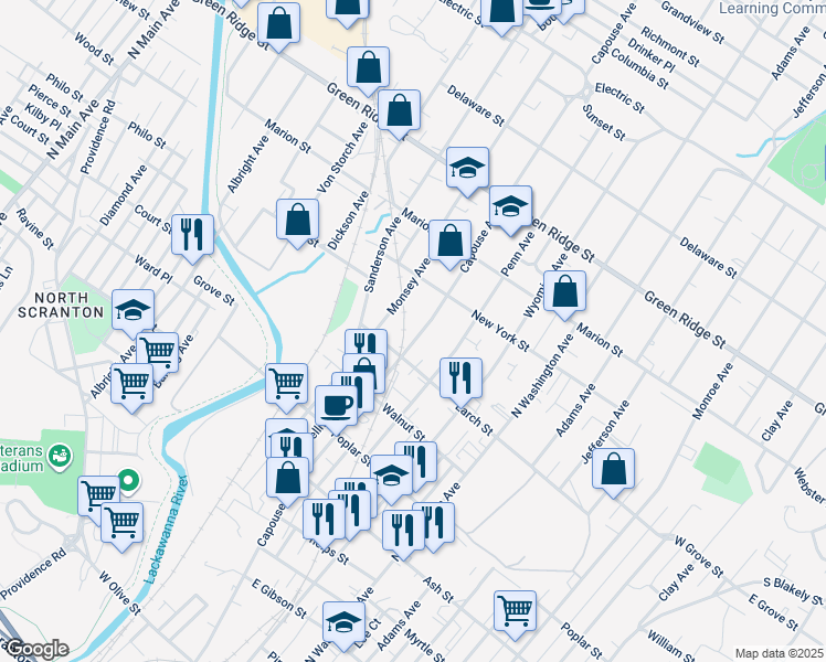 map of restaurants, bars, coffee shops, grocery stores, and more near 1321 Capouse Ave in Scranton
