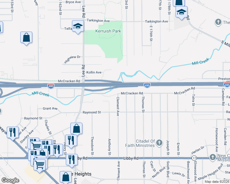 map of restaurants, bars, coffee shops, grocery stores, and more near 17251 McCracken Road in Maple Heights