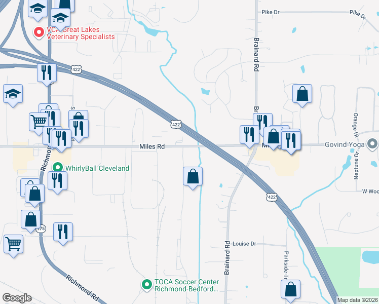 map of restaurants, bars, coffee shops, grocery stores, and more near 27280 Miles Road in Solon