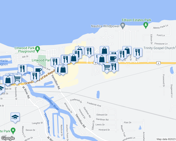 map of restaurants, bars, coffee shops, grocery stores, and more near 549 South Shore Court in Vermilion