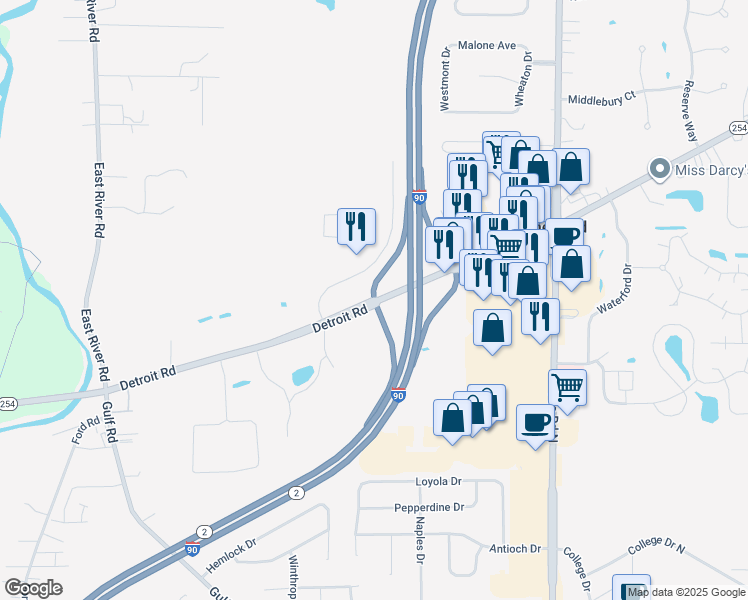 map of restaurants, bars, coffee shops, grocery stores, and more near Detroit Road in Sheffield