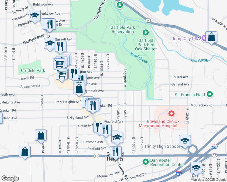 map of restaurants, bars, coffee shops, grocery stores, and more near 11206 Plymouth Avenue in Garfield Heights