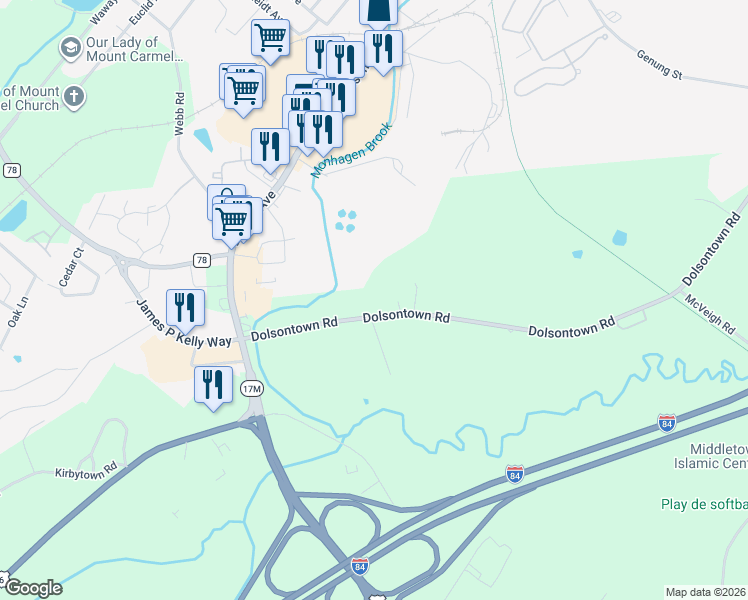 map of restaurants, bars, coffee shops, grocery stores, and more near 1065 Dolsontown Road in Middletown