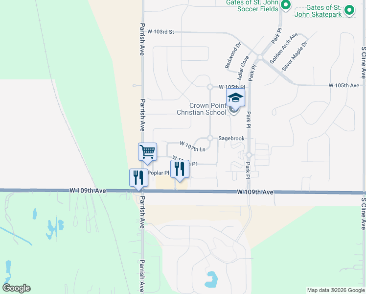 map of restaurants, bars, coffee shops, grocery stores, and more near 9289 West 107th Lane in Saint John