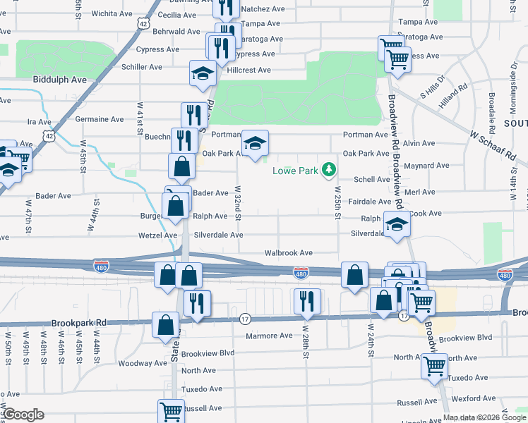 map of restaurants, bars, coffee shops, grocery stores, and more near 3004 Ralph Avenue in Cleveland