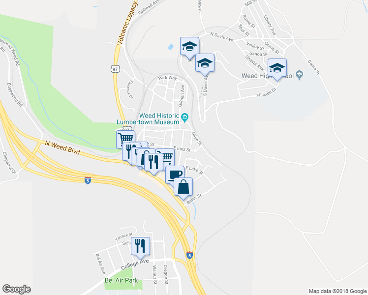 map of restaurants, bars, coffee shops, grocery stores, and more near 209 Clay Street in Weed