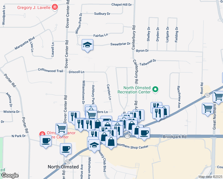 map of restaurants, bars, coffee shops, grocery stores, and more near 4611 Carsten Ln in North Olmsted