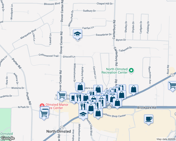 map of restaurants, bars, coffee shops, grocery stores, and more near 26750 Ross Circle in North Olmsted