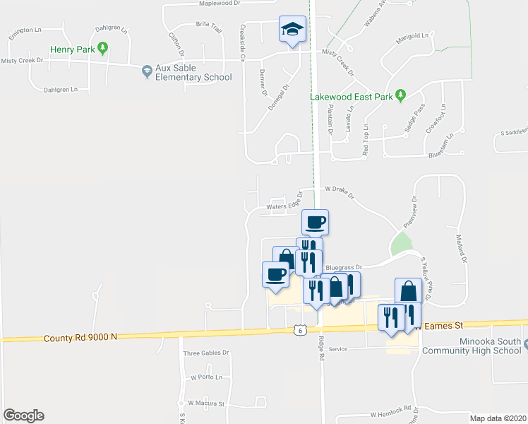 map of restaurants, bars, coffee shops, grocery stores, and more near 1806 Waters Edge Drive in Minooka