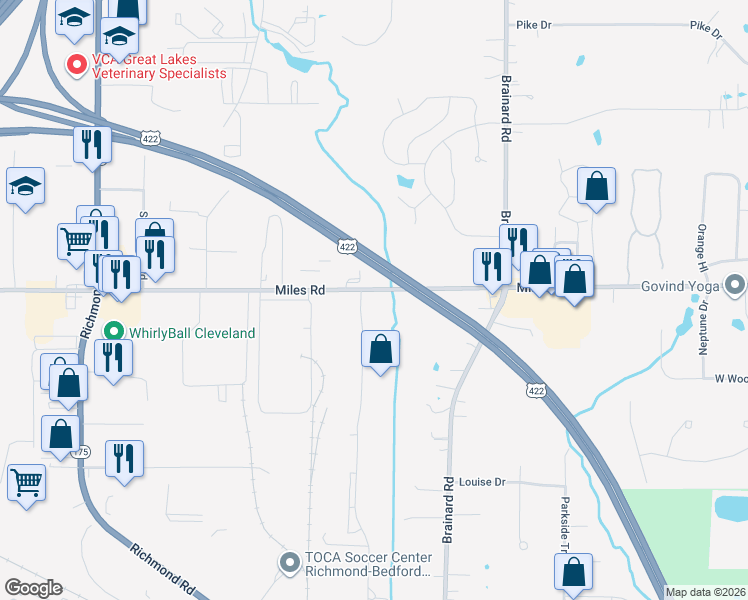 map of restaurants, bars, coffee shops, grocery stores, and more near 27280 Miles Road in Solon