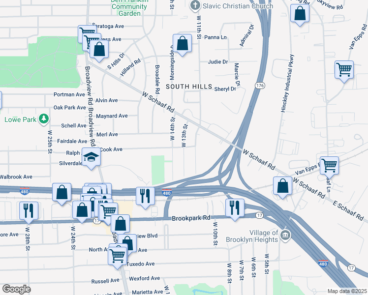 map of restaurants, bars, coffee shops, grocery stores, and more near Cook Avenue & West 13th Street in Cleveland