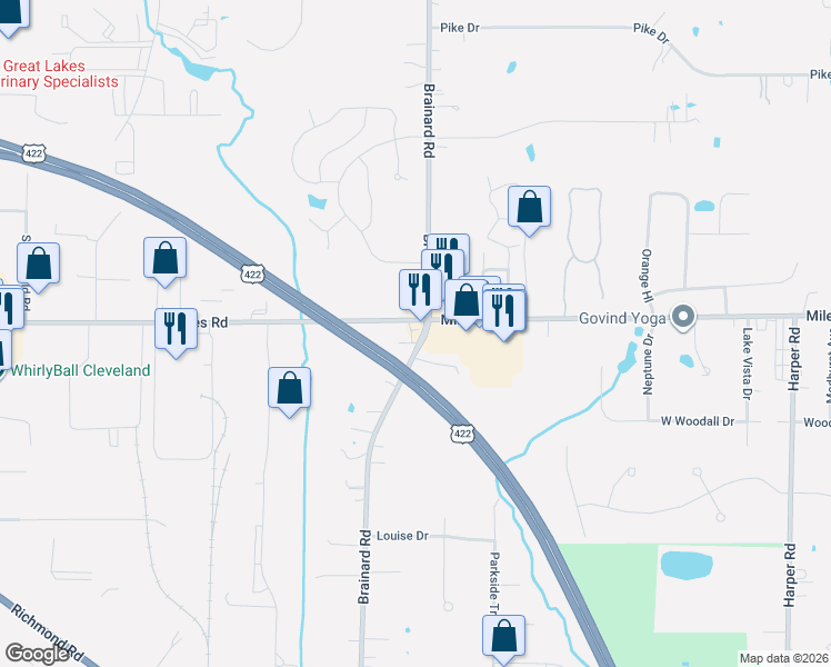 map of restaurants, bars, coffee shops, grocery stores, and more near 5020 Brainard Road in Solon