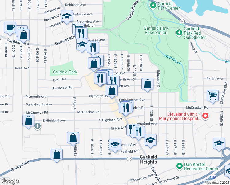 map of restaurants, bars, coffee shops, grocery stores, and more near 5045 Turney Road in Garfield Heights