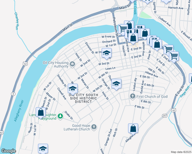 map of restaurants, bars, coffee shops, grocery stores, and more near 208 W 4th St in Oil City