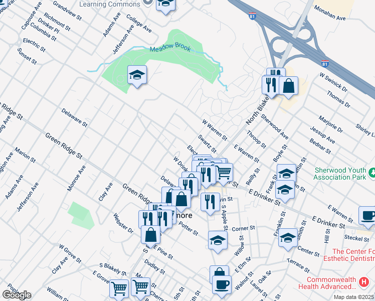 map of restaurants, bars, coffee shops, grocery stores, and more near 1946 Electric St in Dunmore