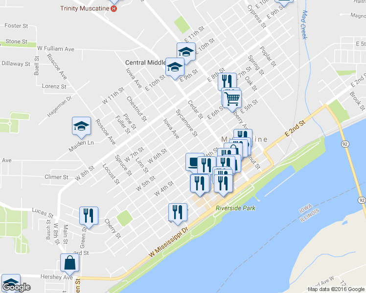 map of restaurants, bars, coffee shops, grocery stores, and more near 508 Iowa Avenue in Muscatine