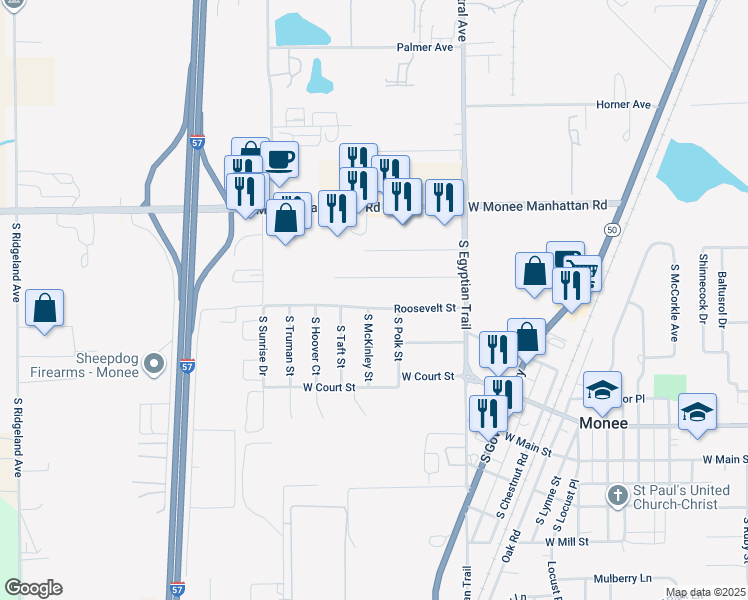 map of restaurants, bars, coffee shops, grocery stores, and more near 5698 Roosevelt Street in Monee