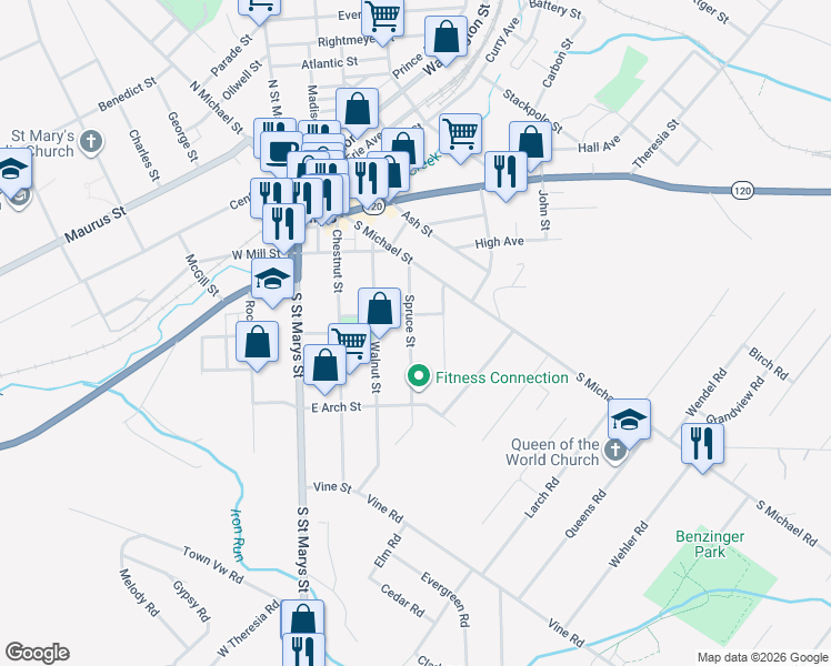 map of restaurants, bars, coffee shops, grocery stores, and more near 421 Spruce Street in Saint Marys