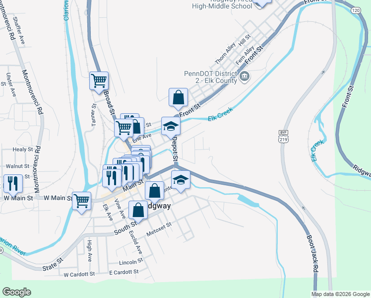 map of restaurants, bars, coffee shops, grocery stores, and more near 118 Grant Street in Ridgway