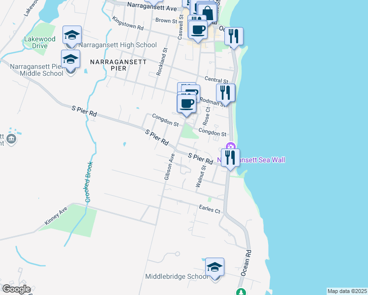 map of restaurants, bars, coffee shops, grocery stores, and more near 24 Perkins Avenue in Narragansett