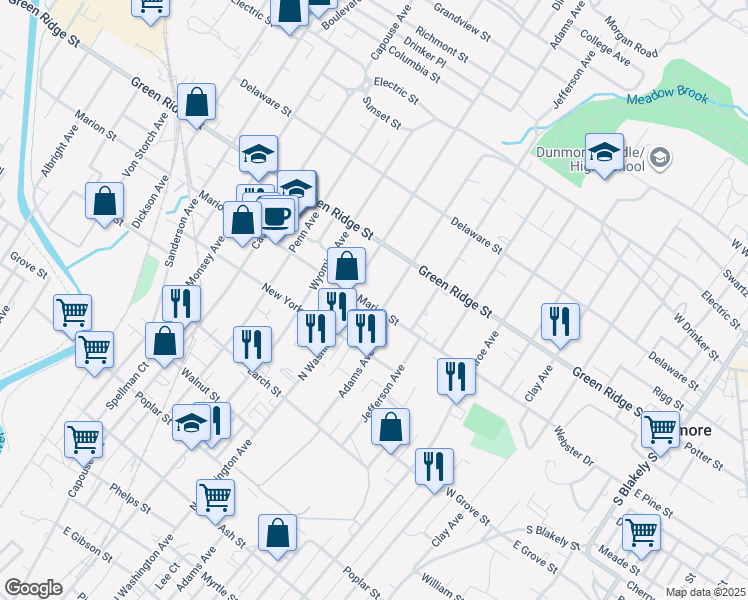 map of restaurants, bars, coffee shops, grocery stores, and more near 1505 Adams Avenue in Dunmore