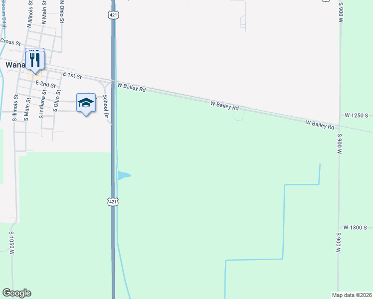map of restaurants, bars, coffee shops, grocery stores, and more near 9502 West Bailey Road in Wanatah