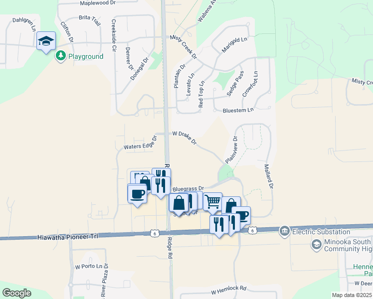 map of restaurants, bars, coffee shops, grocery stores, and more near 27725 West Drake Drive in Channahon