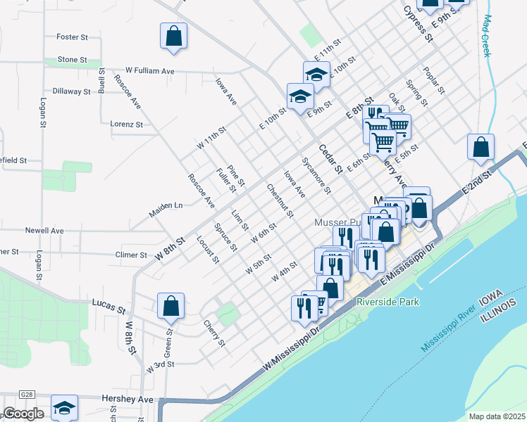 map of restaurants, bars, coffee shops, grocery stores, and more near 220 West 7th Street in Muscatine