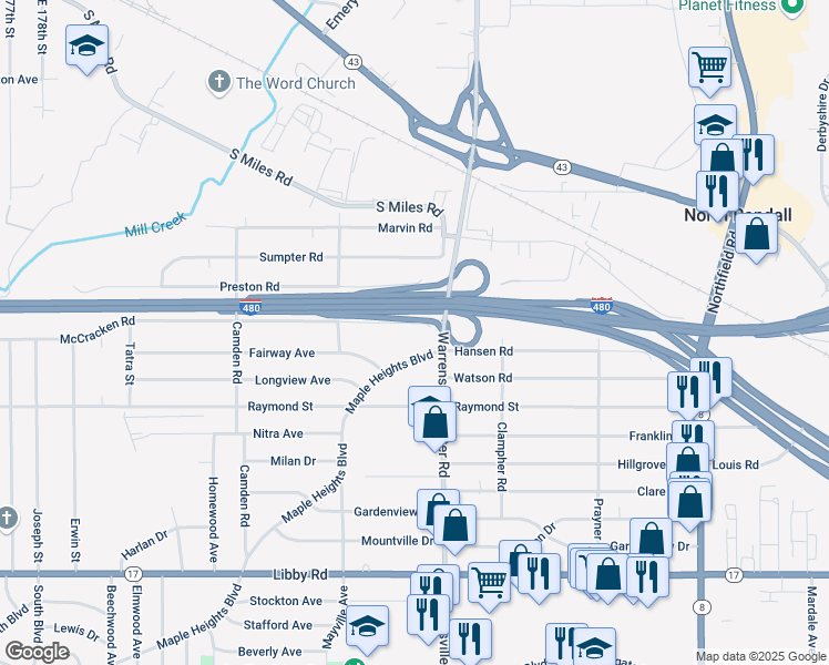 map of restaurants, bars, coffee shops, grocery stores, and more near 20200 McCracken Road in Maple Heights