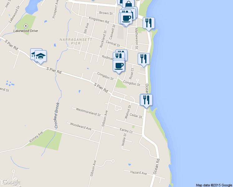 map of restaurants, bars, coffee shops, grocery stores, and more near 24 Perkins Avenue in Narragansett