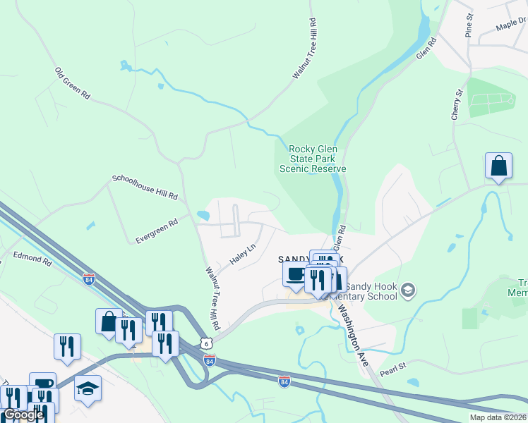 map of restaurants, bars, coffee shops, grocery stores, and more near Julia Court in Newtown