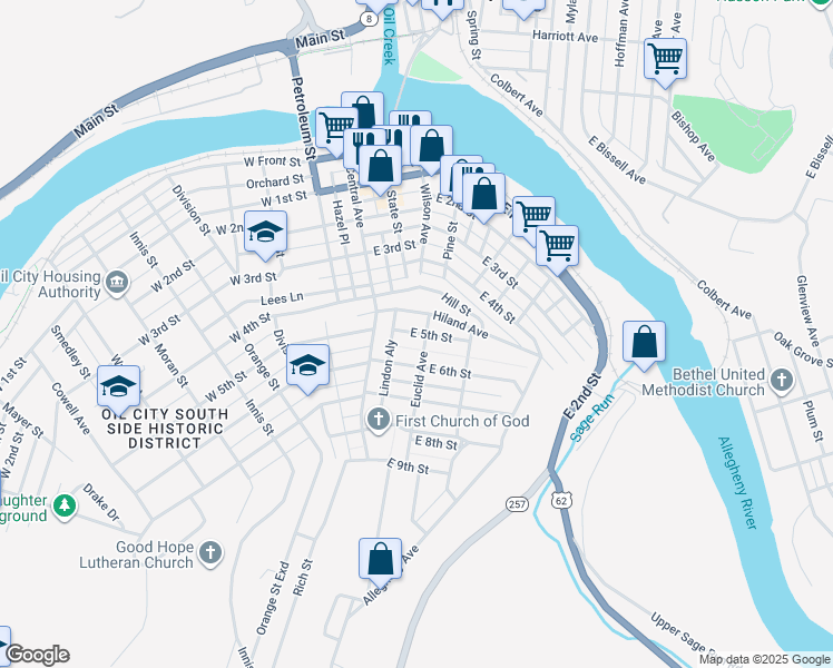map of restaurants, bars, coffee shops, grocery stores, and more near 21 East 5th Street in Oil City