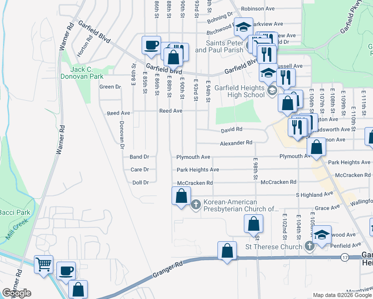map of restaurants, bars, coffee shops, grocery stores, and more near 4991 East 90th Street in Garfield Heights