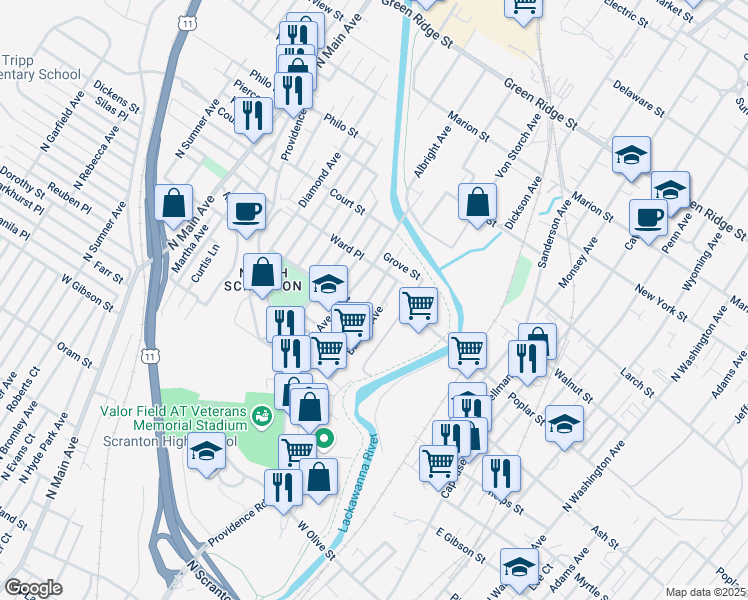 map of restaurants, bars, coffee shops, grocery stores, and more near 1048 Cottage Avenue in Scranton