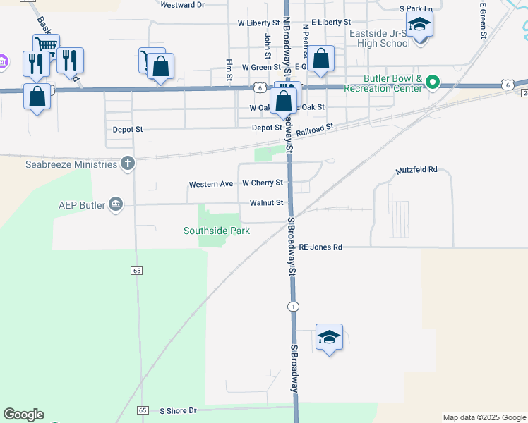 map of restaurants, bars, coffee shops, grocery stores, and more near 126 Walnut Street in Butler