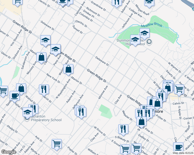 map of restaurants, bars, coffee shops, grocery stores, and more near 1404 Green Ridge Street in Dunmore
