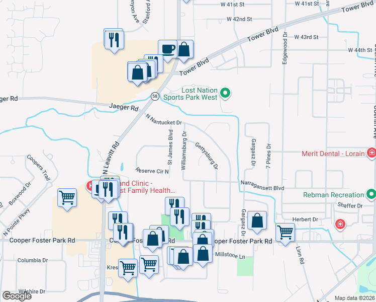 map of restaurants, bars, coffee shops, grocery stores, and more near 5213 Williamsburg Dr in Lorain